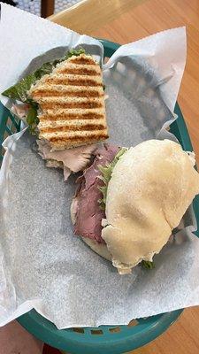 1/2 Turkey on focaccia and 1/2 roast beef on ciabatta.