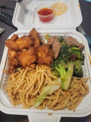 Chow Min, beef and broccoli and sweet-and-sour chicken