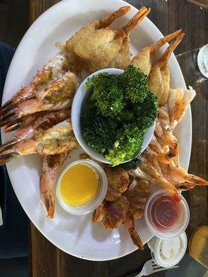 Shrimp Lovers Platter $25 Fried, Grilled, Scampi and Stuffed. Served with 2 sides, salad and broccoli