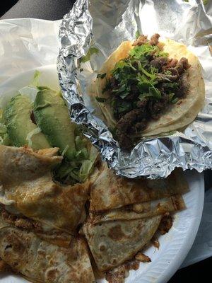 Chicken quesadillas and asada taco