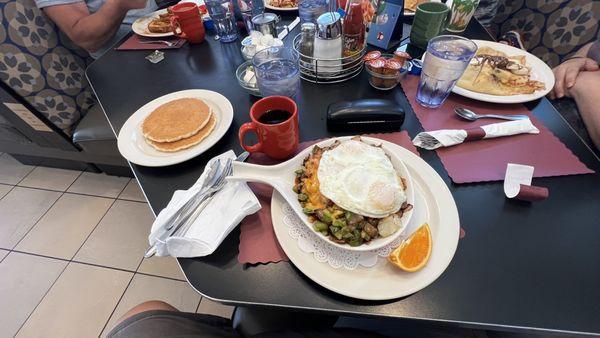 Lumberjack skillet, pancakes, strawberry banana crepes.