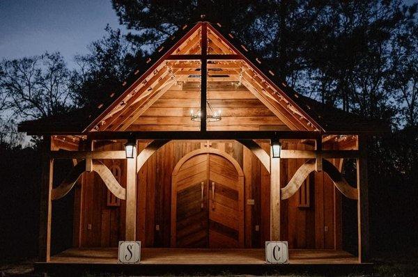 Outside chapel lit up for an evening ceremony