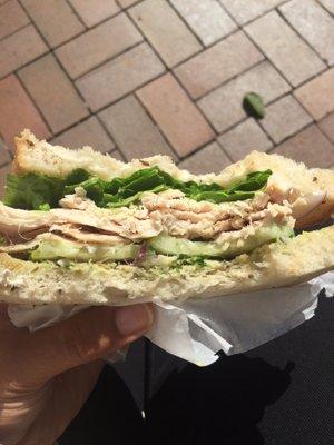 This Corner Cafe is a popular lunch destination for NOAA employees. This is turkey on Rye with pesto, cucumber, lettuce, onion, and sprouts.