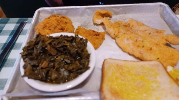 Crispy Catfish, Collards, Fried Green Tomato