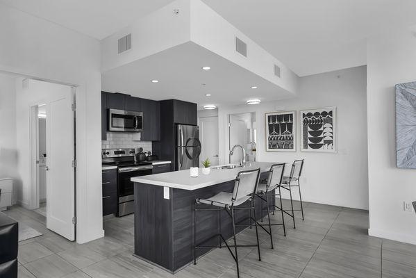 Kitchen with stainless appliances and island