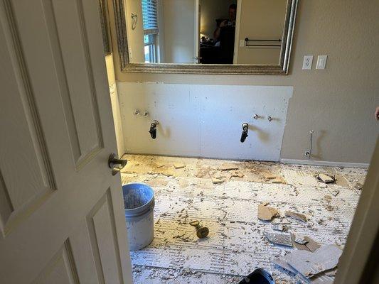 Demolition of the old tile and vanity