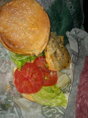 Supposed to have 2 patties you can't see it cause of all the EXTRA ONIONS & CHEESE WHICH INDID NOT ASK FOR