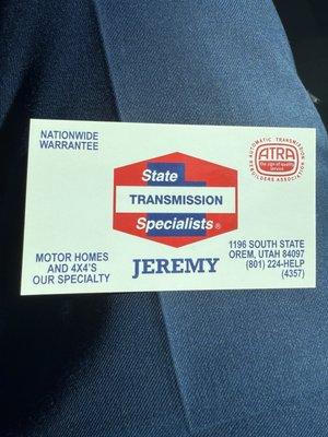 Business card of the manager at the front desk.