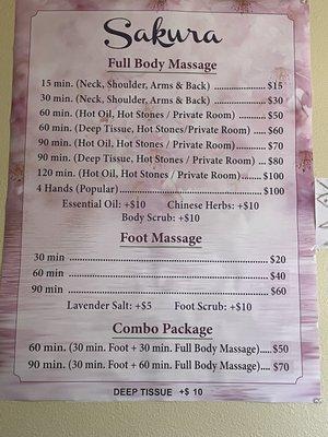 Massage Menu