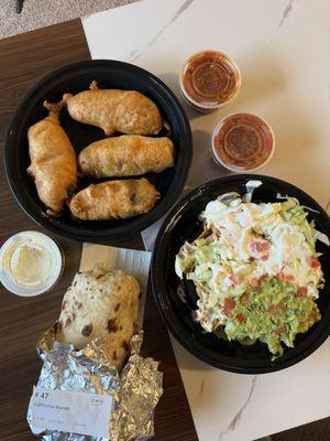 California Burrito, Jalapeño Poppers, & Taco Salad with Chicken