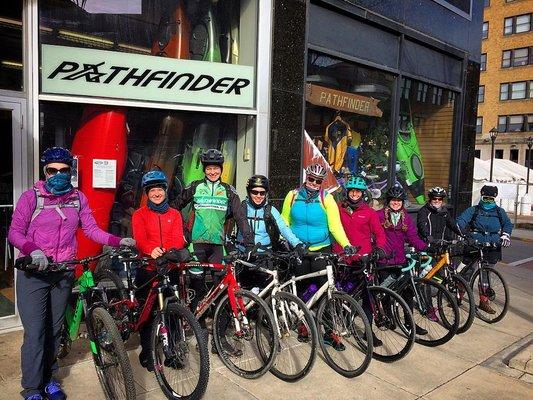 Ladies ride taking off on a chilly rail trail ride.