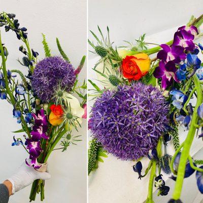 Wedding bouquet w/ alium, dendro orchids, roses, Veronica