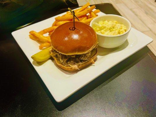 13 hour pulled pork sandwich (slaw on side) with fried