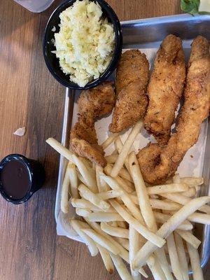 Chicken tenders platter- with fries and slaw.