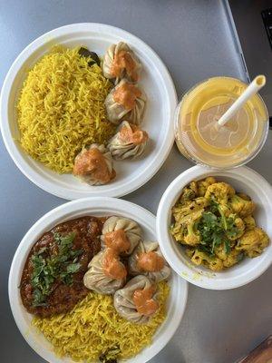 Momos, Baigun Bharta, Mango Lassi, Cauli Haryo Kerau Lasun