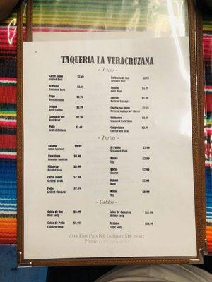 Taco Menu