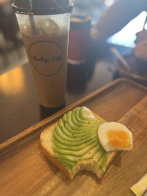 Avocado toast, Vietnamese coffee, blueberry muffin and white chocolate mocha