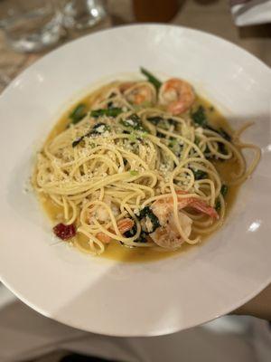 Pasta special with shrimp, calabrese chili, broccoli raab and Gorgonzola sauce