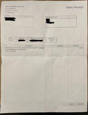 Nothing about this job was worth the original agreed upon $2450...much less the $2560 I unfortunately paid. Hope the IRS has fun with them!