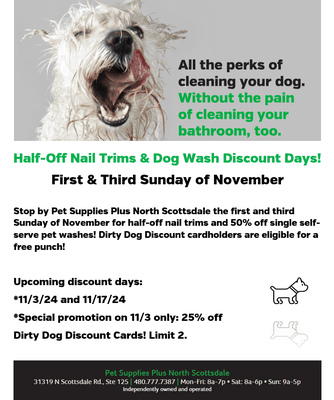 Get half-off nail trims and self-wash discounts Sun. 11/3! Nail trims subject to availability, self-wash is first-come, first-served.