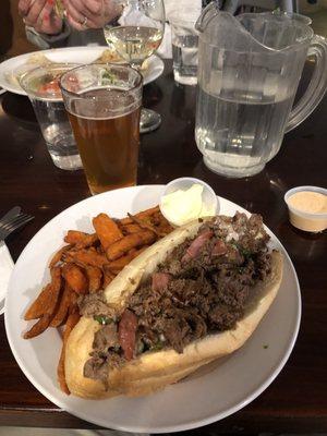 Steak Bomb Sub Lunch with Sweet Potato Fries and. Smuttynose ipa