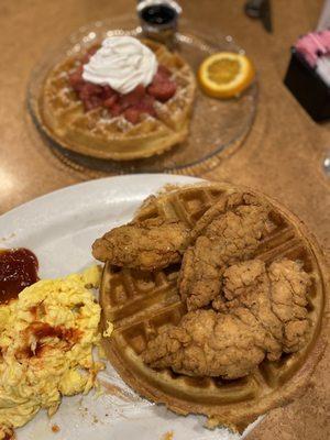 Chicken & waffles with scramble eggs. Waffles with strawberries