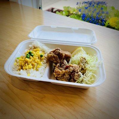 Chef Taka-san's crunchy fried chicken and rice bento is a crowd pleaser