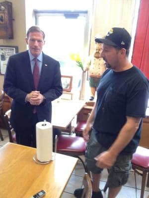 Senator Blumenthal and Mayor Rilling talking about small businesses