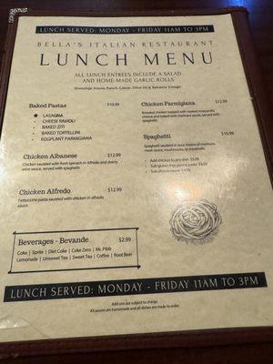 Lunch menu specials come with salad and garlic rolls