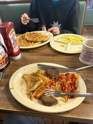 French toast sausage hash browns ....Big waffles and eggs