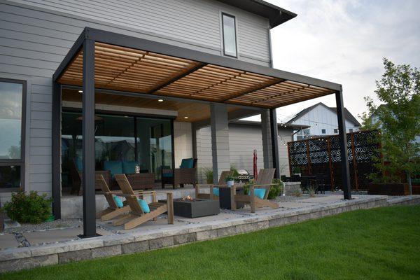 Central Park custom steel pergola with louvered awning.