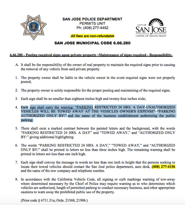 EACH sign posted has to comply. A&A's handmade signs are illegal and therefore the towing of any car in this lot is illegal.