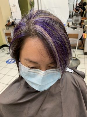 Chunky blonde and purple highlights