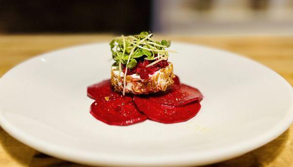 Local Beet Carpaccio, with goat cheese & white truffle oil