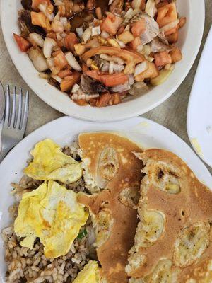 Order of Thelma's Special (a must).  My plate of Adobo Fried Rice Omelet & a Banana Pancake.  What a meal!