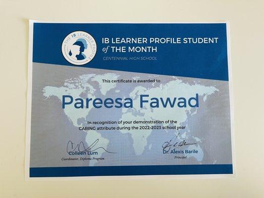 IB award to high school student of U.S. Best Tutors.