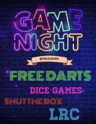 Every Tuesday is FREE DARTS, then Game night! Cool spot to go hang out with your friends and enjoy the night with some games.