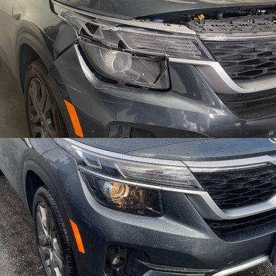 Kia before and after major front end collision