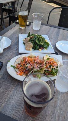 Poached pear salad, Korean fried Chicken tacos, Pumpkin Beer on tap