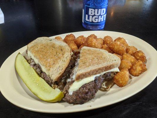 Patty melt and tots. Yum!