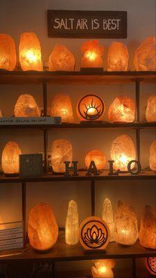 Himalayan salt lamps on display in the cute lobby