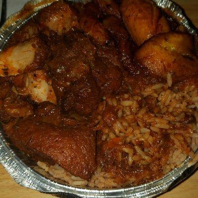 Stewed chicken.Rice peas and plantains.