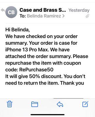 An email of their response basically blaming me for ordering the wrong item!