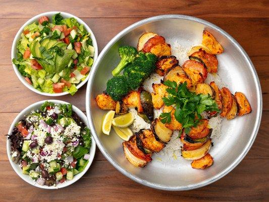 Kabobs Family Style: Dine-in only special includes: 3 skewers of chicken kabobs and 2 sides. Feeds party of 4.