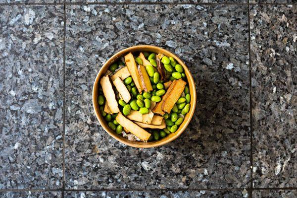 Edamame, tofu and a bright splash of black vinegar