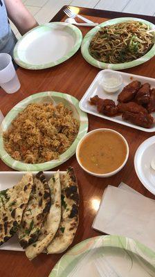 Garlic Naan, Chicken Biryani, Beef Chow Mein, Hot Wings. Everything was so good!