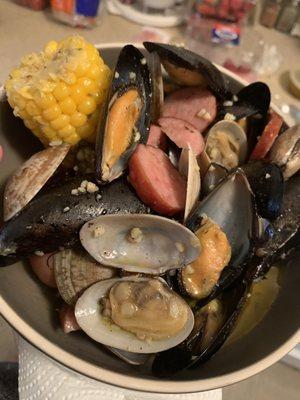 1 1/2 lb boil with sausage mussels and clams- this is just half of it!