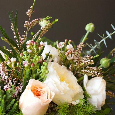 A close up of one of our flower arrangements - all locally grown blooms and greenery!