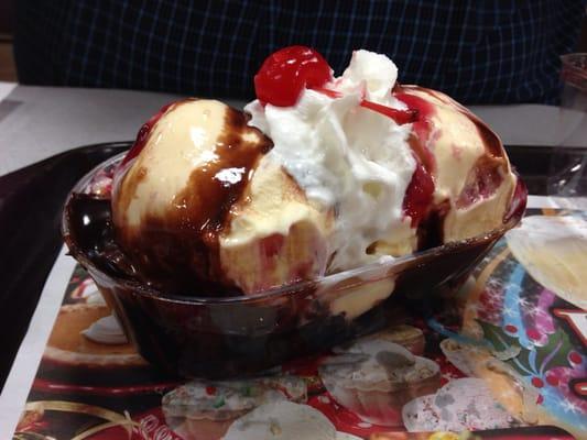 Black Forest sundae (fudge cake, vanilla ice cream, cherry topping, and hot fudge)