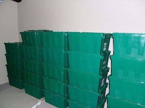 Neat orderly stack of FROGBOX Moving Boxes VS...